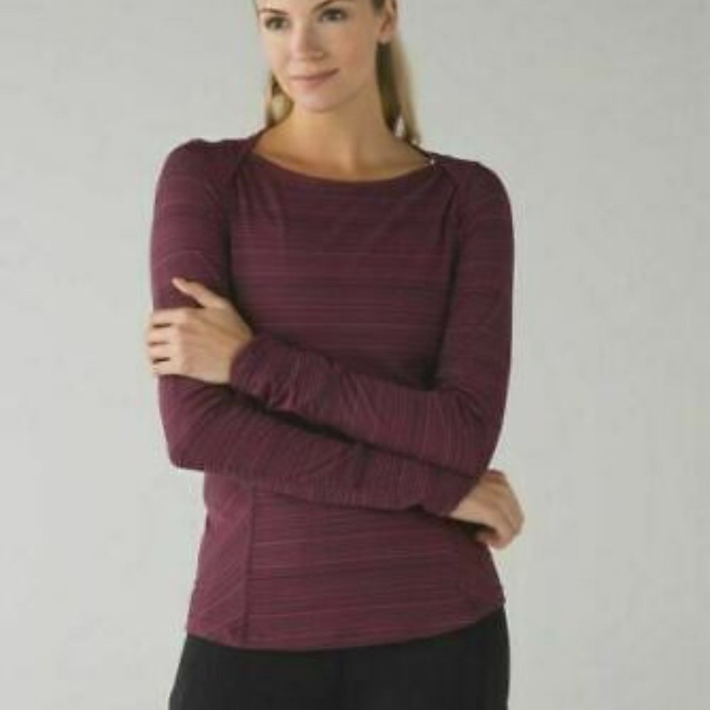 LULULEMON Kanto Catch Me Long Sleeve Rulu Top Size 4 Stripe Wine Berry Black